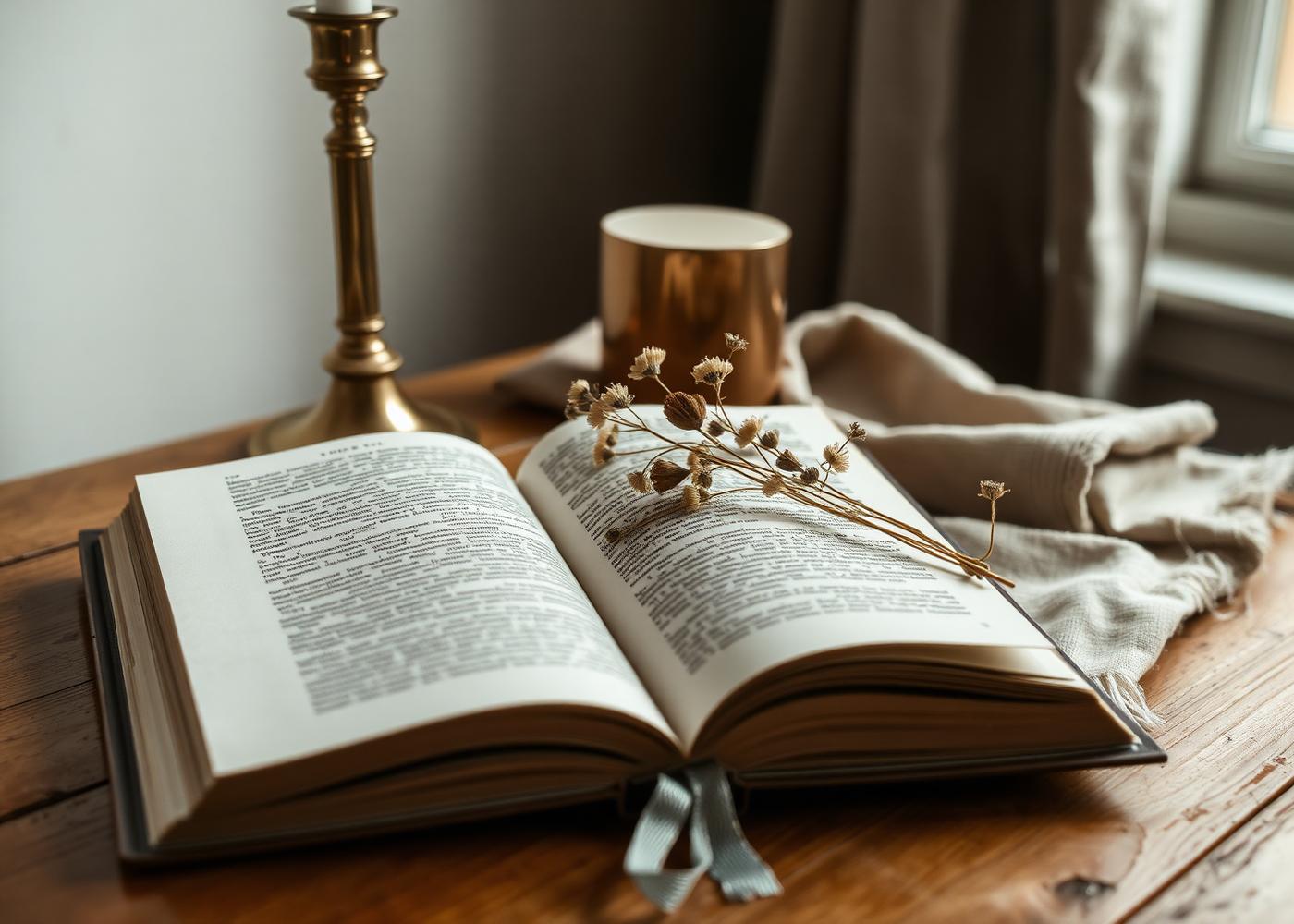 Opengeslagen boek met droogbloemen en kaars