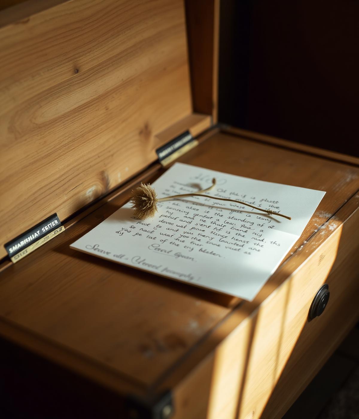 Handgeschreven brief in een open houten kistje