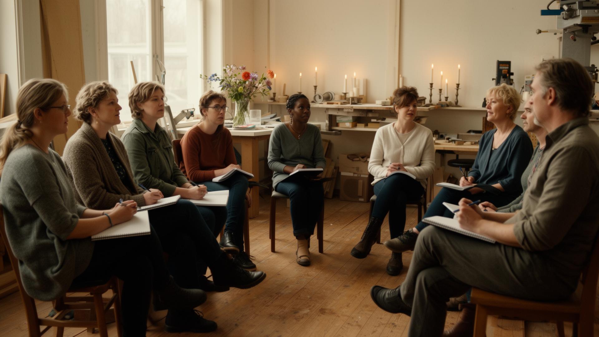 Cursisten in een live workshop, in een kring met notitieboeken